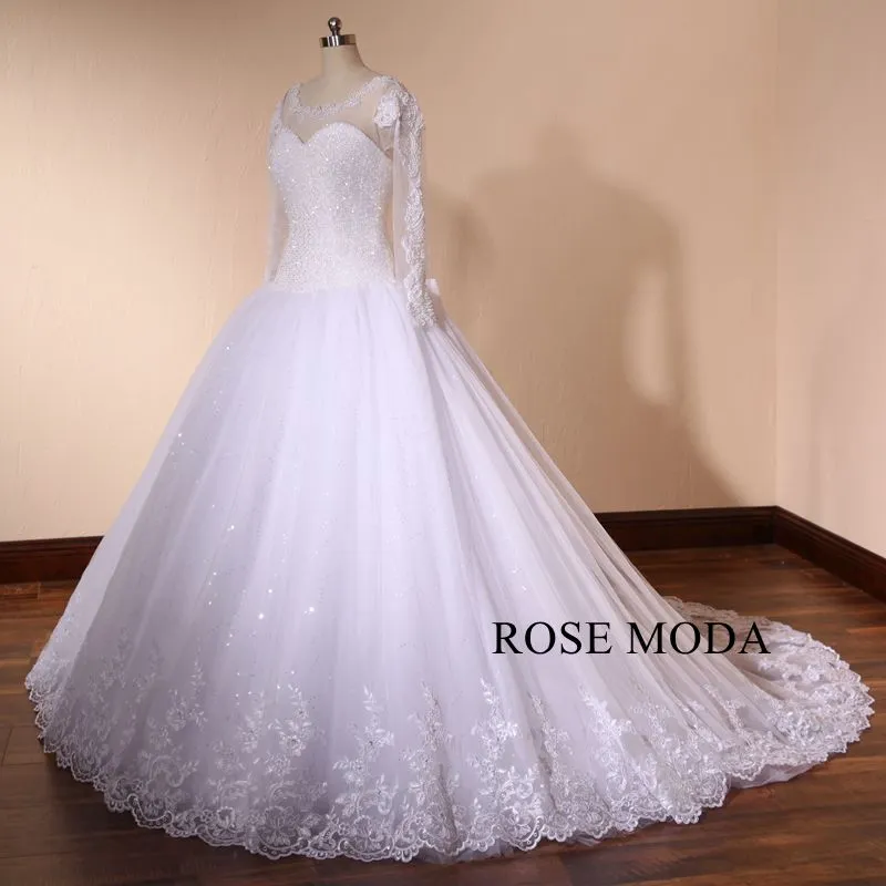 Rosemoda Luxury Heavy Beadwork Rhinestone Ball Gown Wedding Dress with Long Sleeve