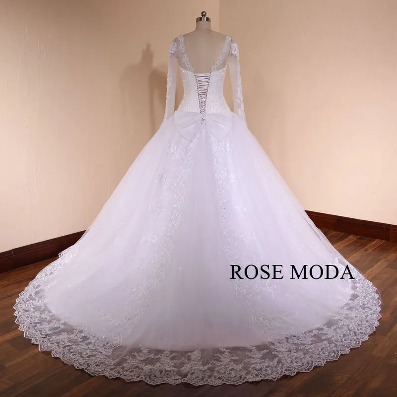 Rosemoda Luxury Heavy Beadwork Rhinestone Ball Gown Wedding Dress with Long Sleeve
