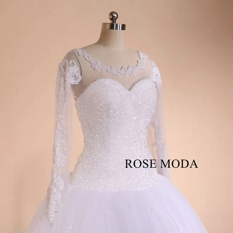 Rosemoda Luxury Heavy Beadwork Rhinestone Ball Gown Wedding Dress with Long Sleeve