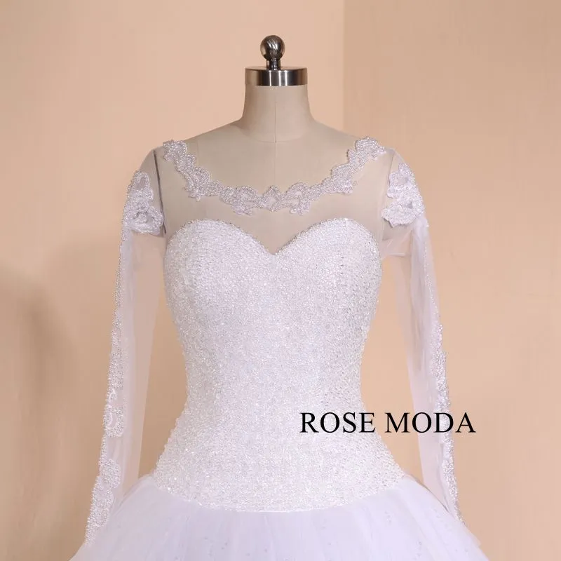 Rosemoda Luxury Heavy Beadwork Rhinestone Ball Gown Wedding Dress with Long Sleeve