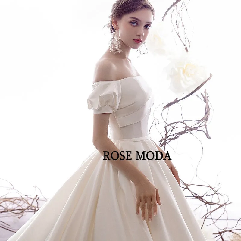 Rosemoda Off Shoulder Short Sleeve Satin Ball Gown Wedding Dress