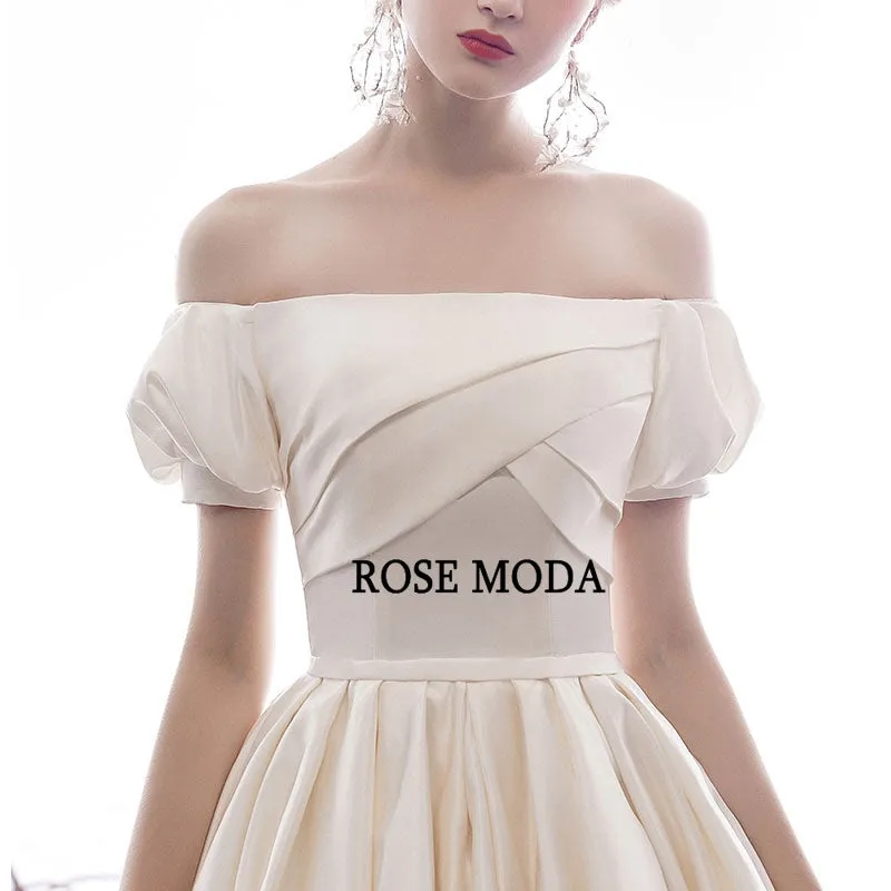Rosemoda Off Shoulder Short Sleeve Satin Ball Gown Wedding Dress