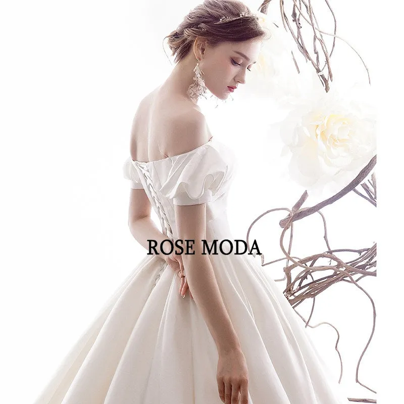 Rosemoda Off Shoulder Short Sleeve Satin Ball Gown Wedding Dress