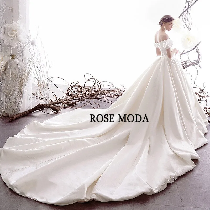 Rosemoda Off Shoulder Short Sleeve Satin Ball Gown Wedding Dress