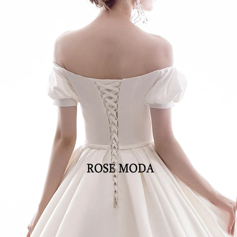 Rosemoda Off Shoulder Short Sleeve Satin Ball Gown Wedding Dress