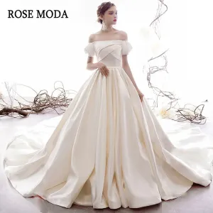 Rosemoda Off Shoulder Short Sleeve Satin Ball Gown Wedding Dress