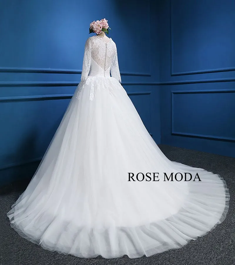 Rosemoda Scallop Bateau Neckline Ball Gown Wedding Dress with Long Sleeve