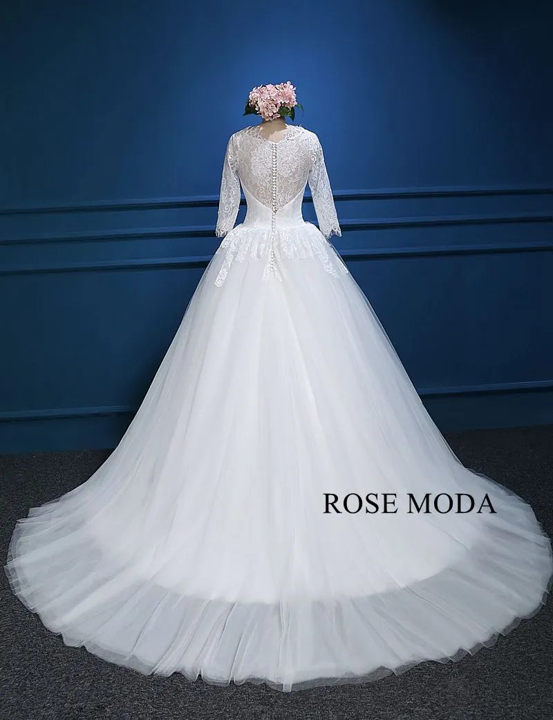 Rosemoda Scallop Bateau Neckline Ball Gown Wedding Dress with Long Sleeve