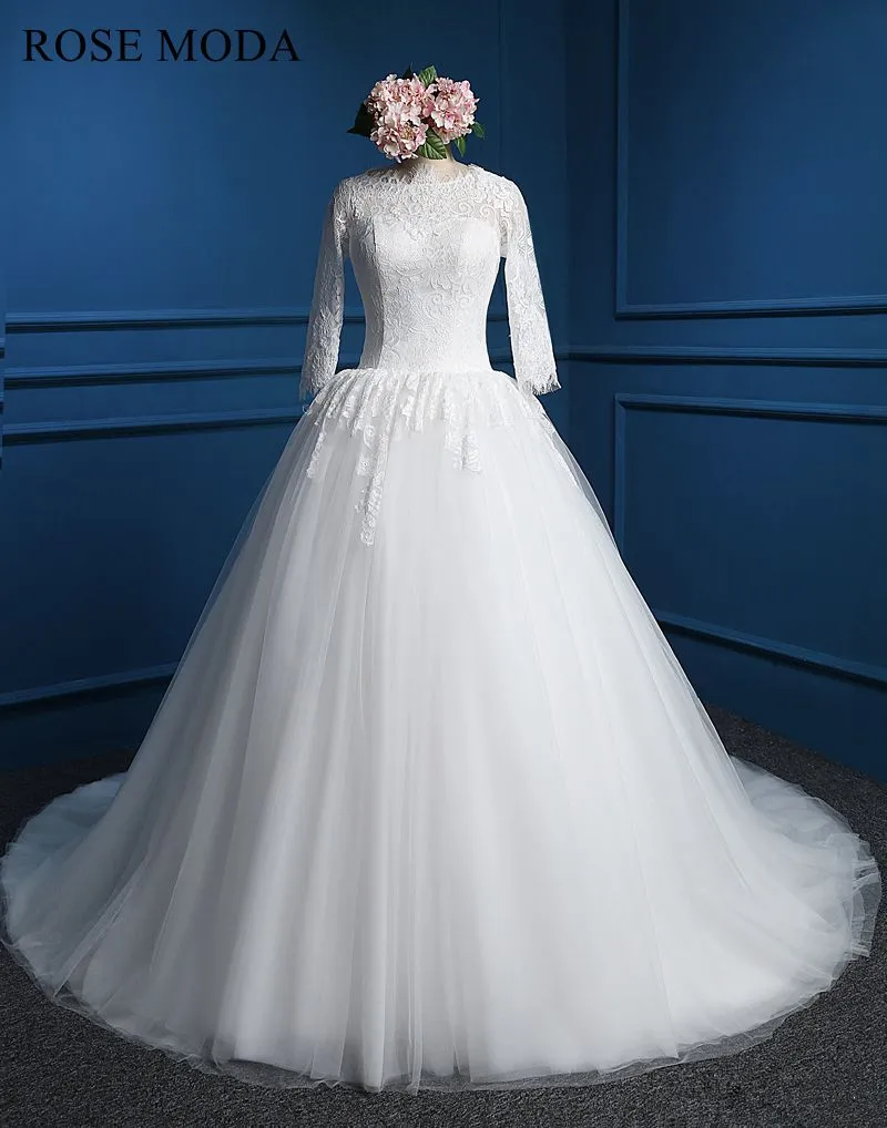 Rosemoda Scallop Bateau Neckline Ball Gown Wedding Dress with Long Sleeve