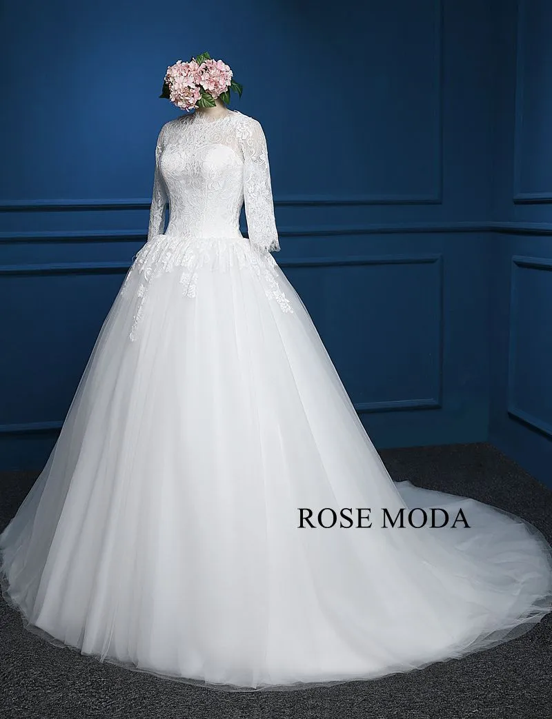 Rosemoda Scallop Bateau Neckline Ball Gown Wedding Dress with Long Sleeve