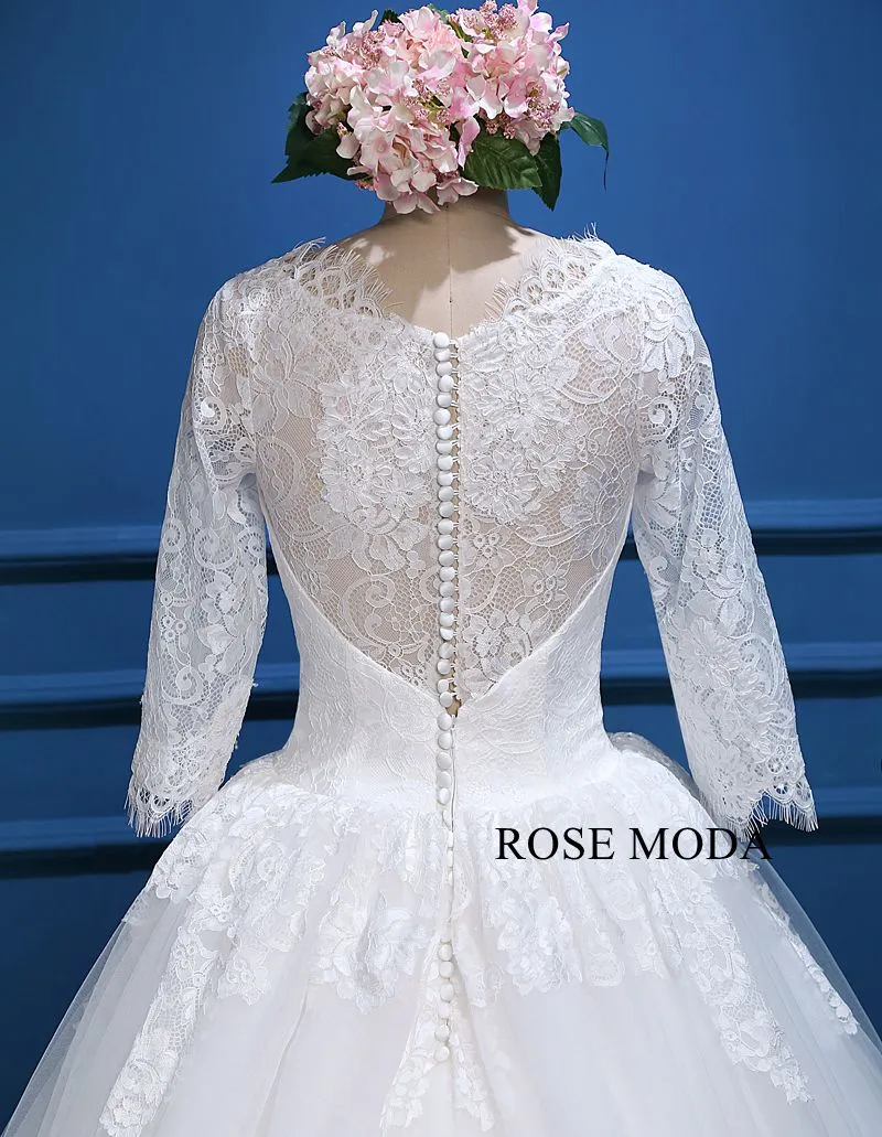 Rosemoda Scallop Bateau Neckline Ball Gown Wedding Dress with Long Sleeve