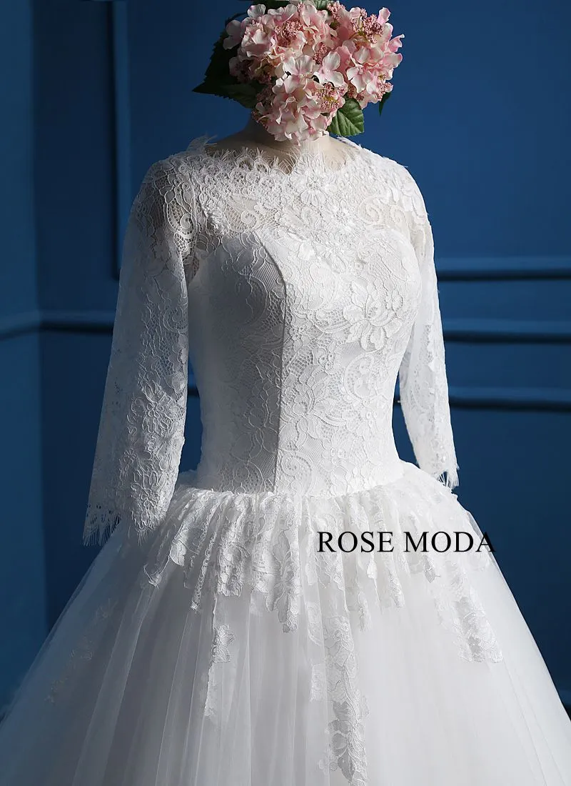 Rosemoda Scallop Bateau Neckline Ball Gown Wedding Dress with Long Sleeve
