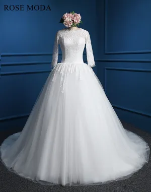 Rosemoda Scallop Bateau Neckline Ball Gown Wedding Dress with Long Sleeve