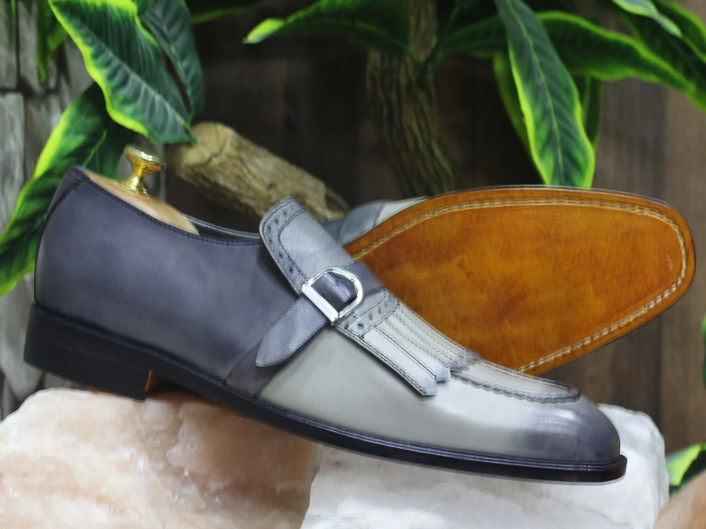 Two Tone Gray Loafer Fringe Monk Strap Leather Men Shoes