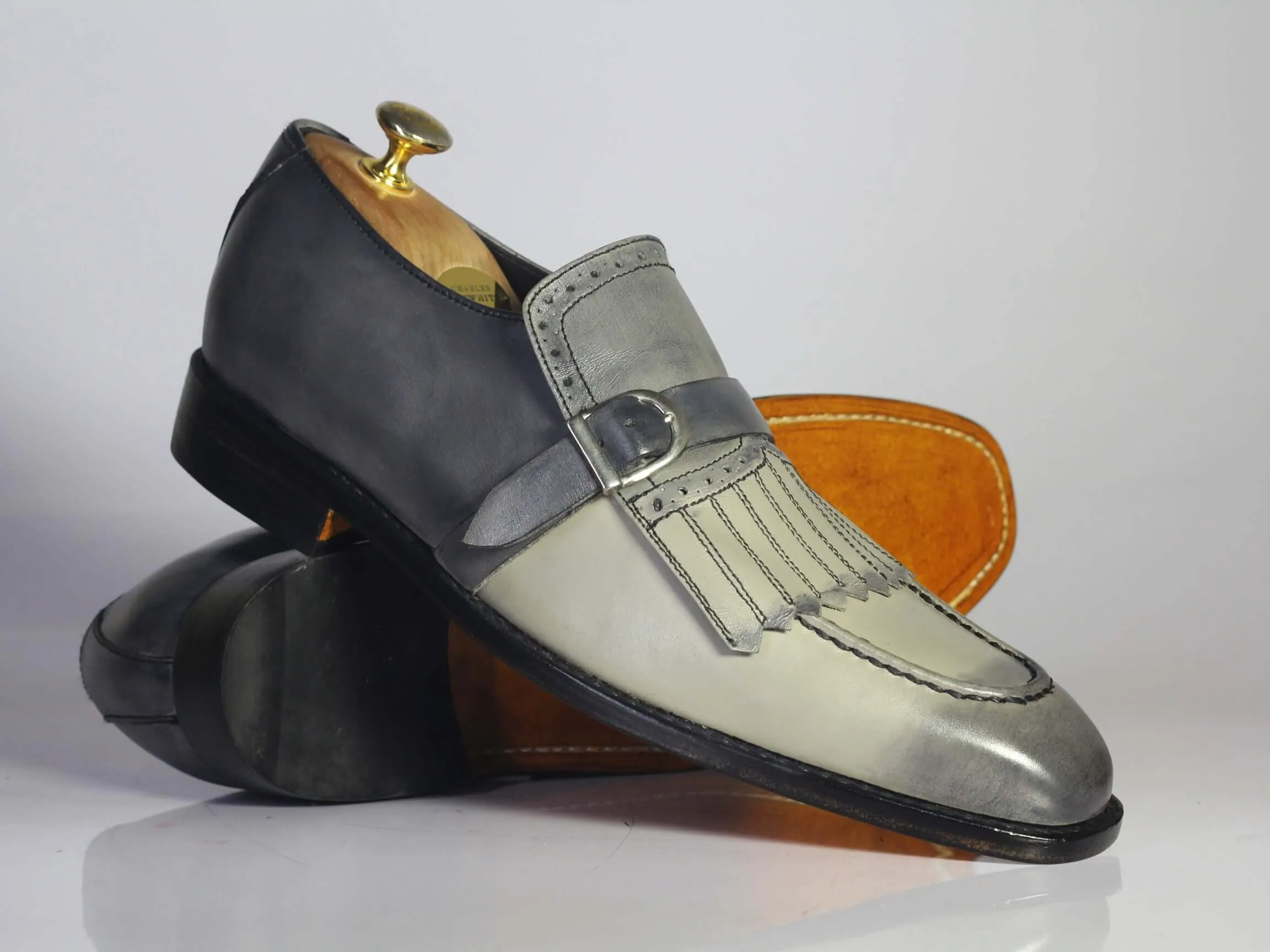 Two Tone Gray Loafer Fringe Monk Strap Leather Men Shoes