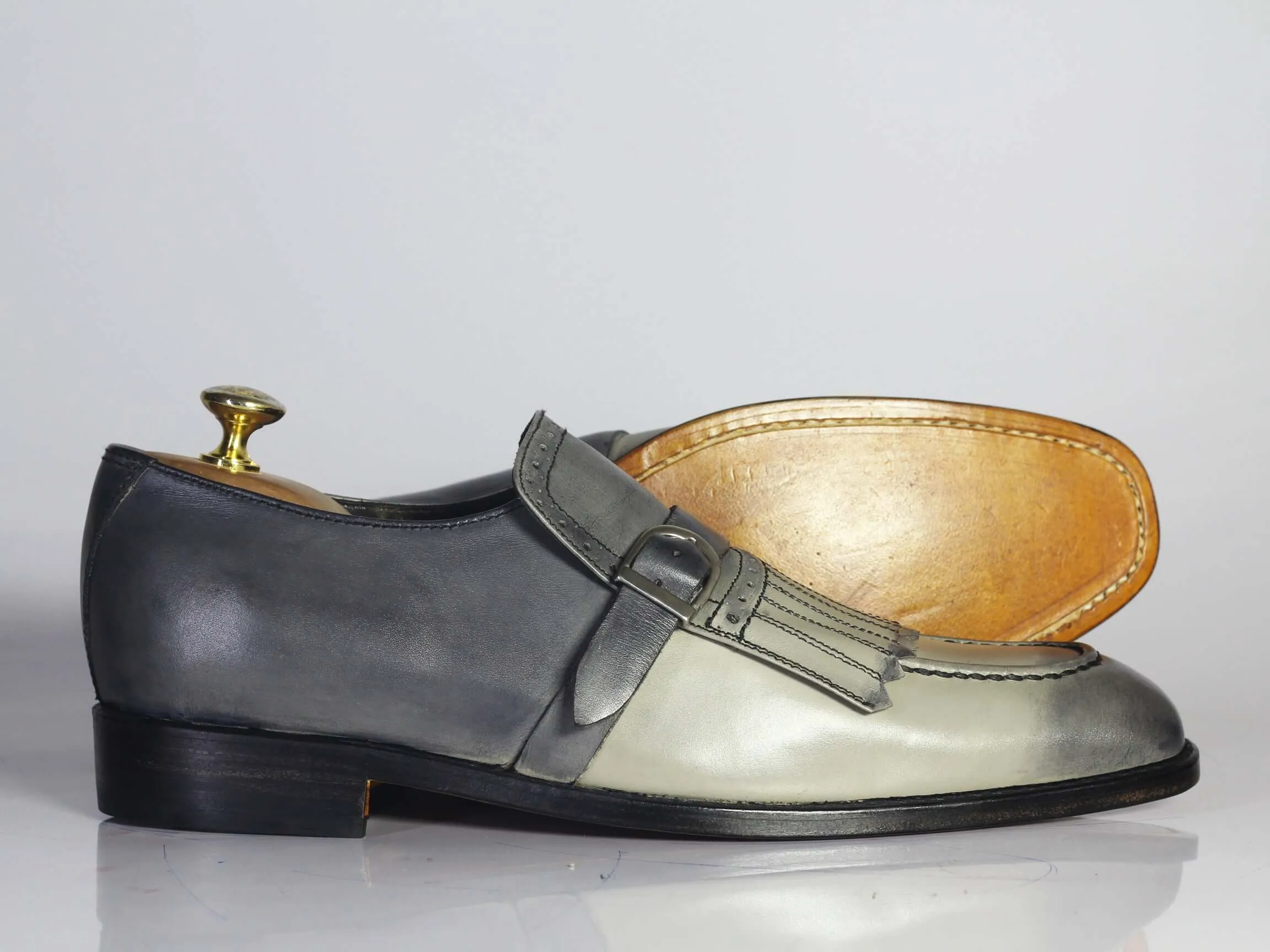 Two Tone Gray Loafer Fringe Monk Strap Leather Men Shoes