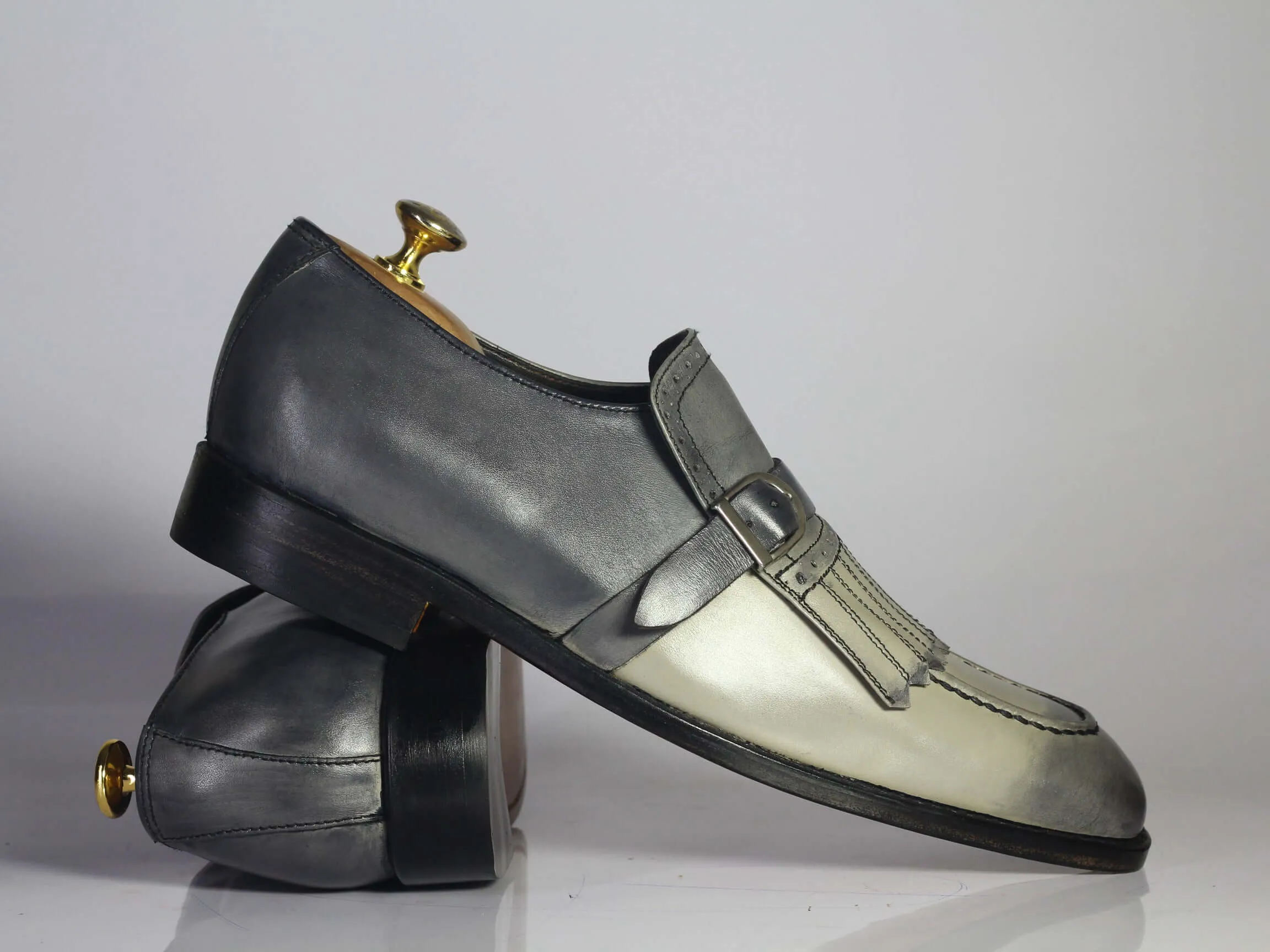 Two Tone Gray Loafer Fringe Monk Strap Leather Men Shoes