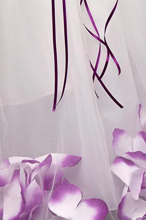 White Ball Gown Sleeveless Long Flower Girl Dress With Purple Flowers Sash F064