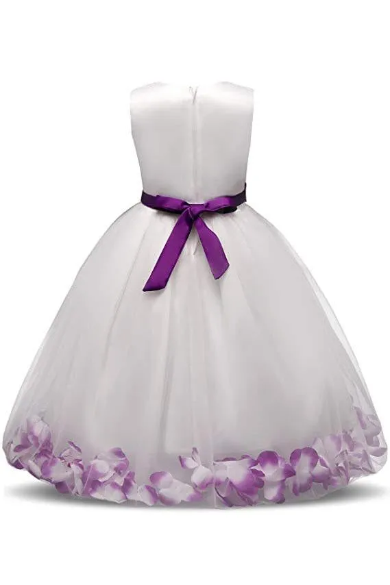White Ball Gown Sleeveless Long Flower Girl Dress With Purple Flowers Sash F064