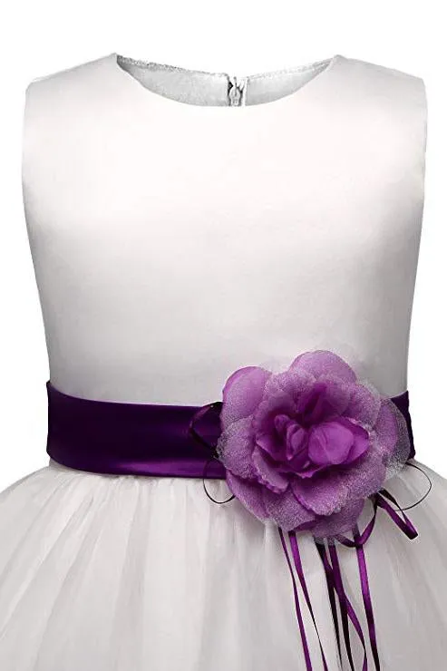 White Ball Gown Sleeveless Long Flower Girl Dress With Purple Flowers Sash F064