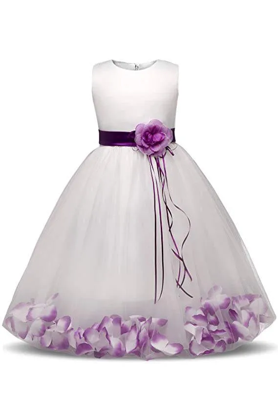 White Ball Gown Sleeveless Long Flower Girl Dress With Purple Flowers Sash F064