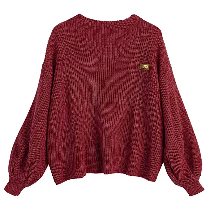 Women's Casual Loose Knitted Sweater Lantern Sleeve Crewneck Fashion Pullover Sweater Tops
