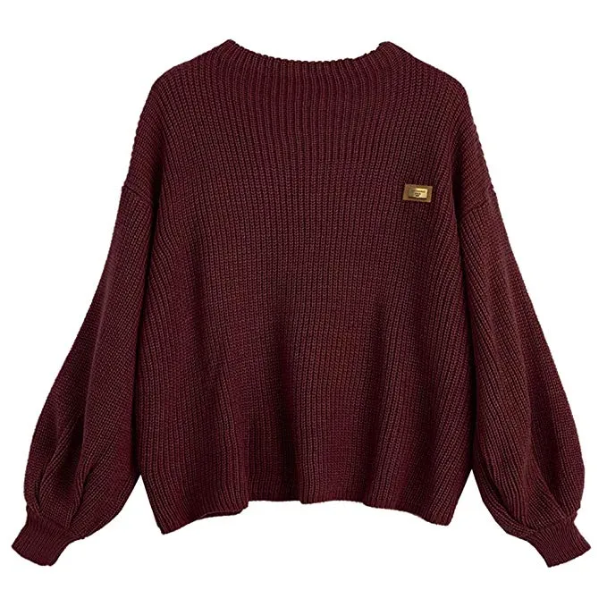 Women's Casual Loose Knitted Sweater Lantern Sleeve Crewneck Fashion Pullover Sweater Tops