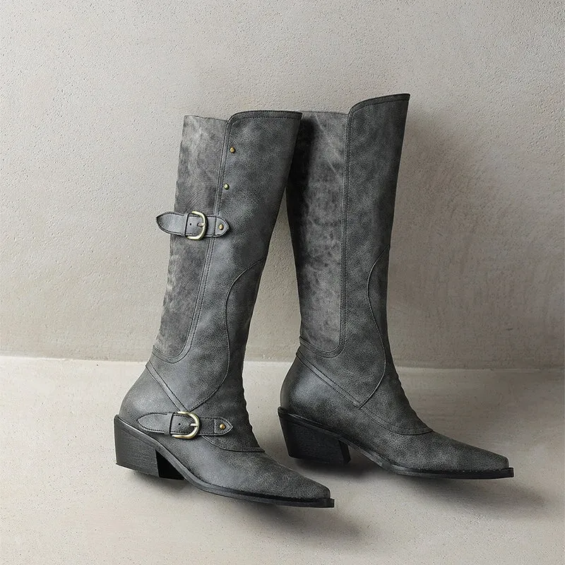 Women's Western R Toe Knee High Riding Boots with Belt in Grey/Brown