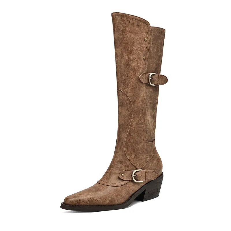 Women's Western R Toe Knee High Riding Boots with Belt in Grey/Brown