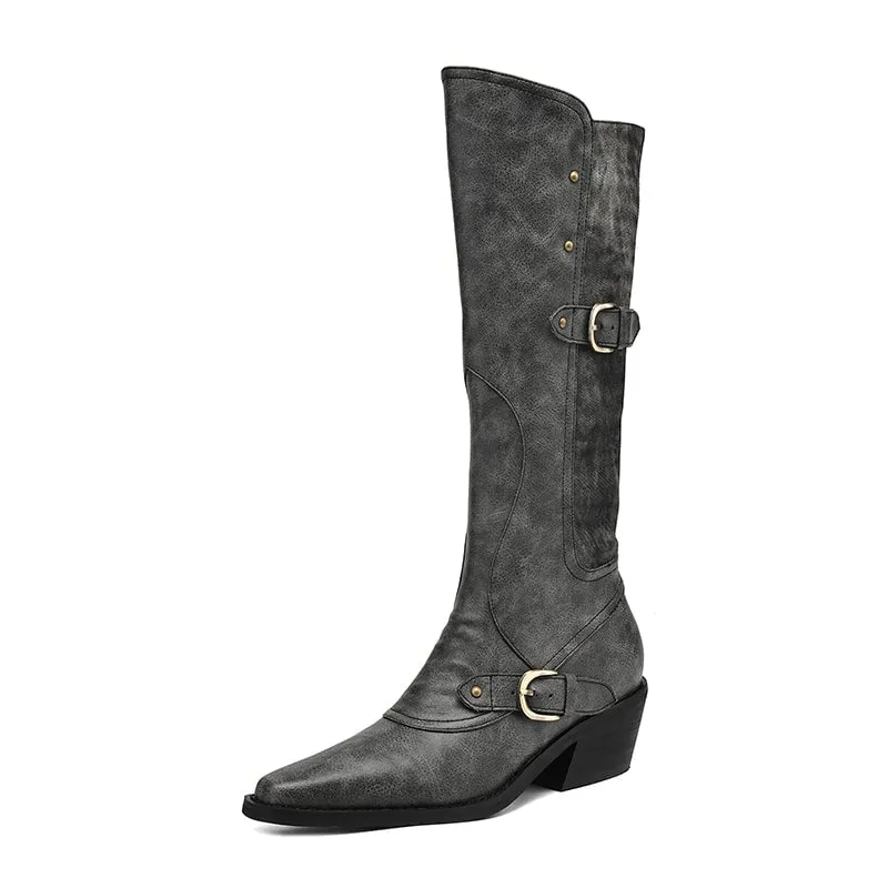 Women's Western R Toe Knee High Riding Boots with Belt in Grey/Brown