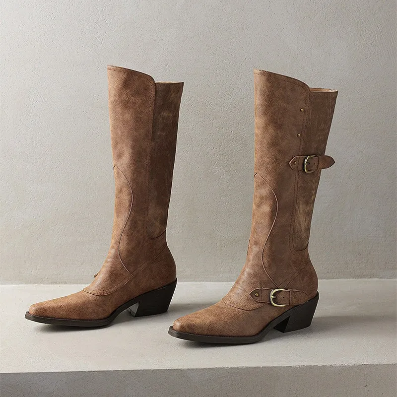 Women's Western R Toe Knee High Riding Boots with Belt in Grey/Brown