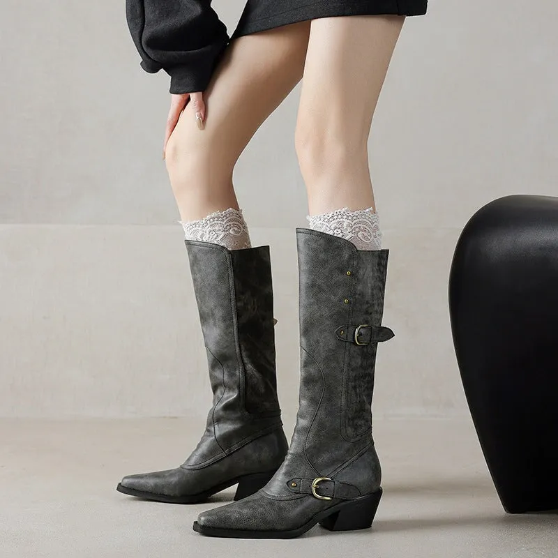 Women's Western R Toe Knee High Riding Boots with Belt in Grey/Brown