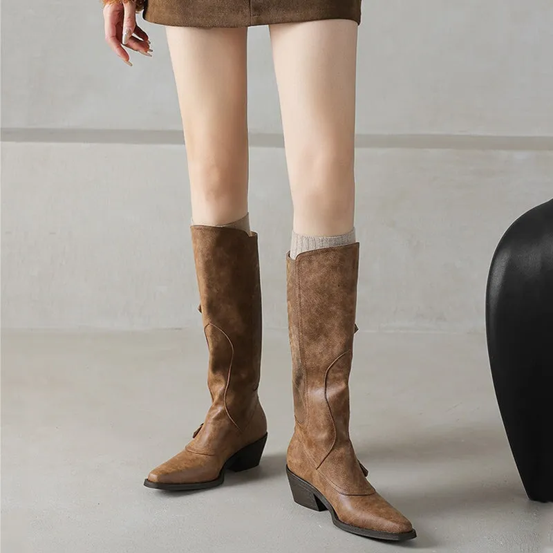 Women's Western R Toe Knee High Riding Boots with Belt in Grey/Brown