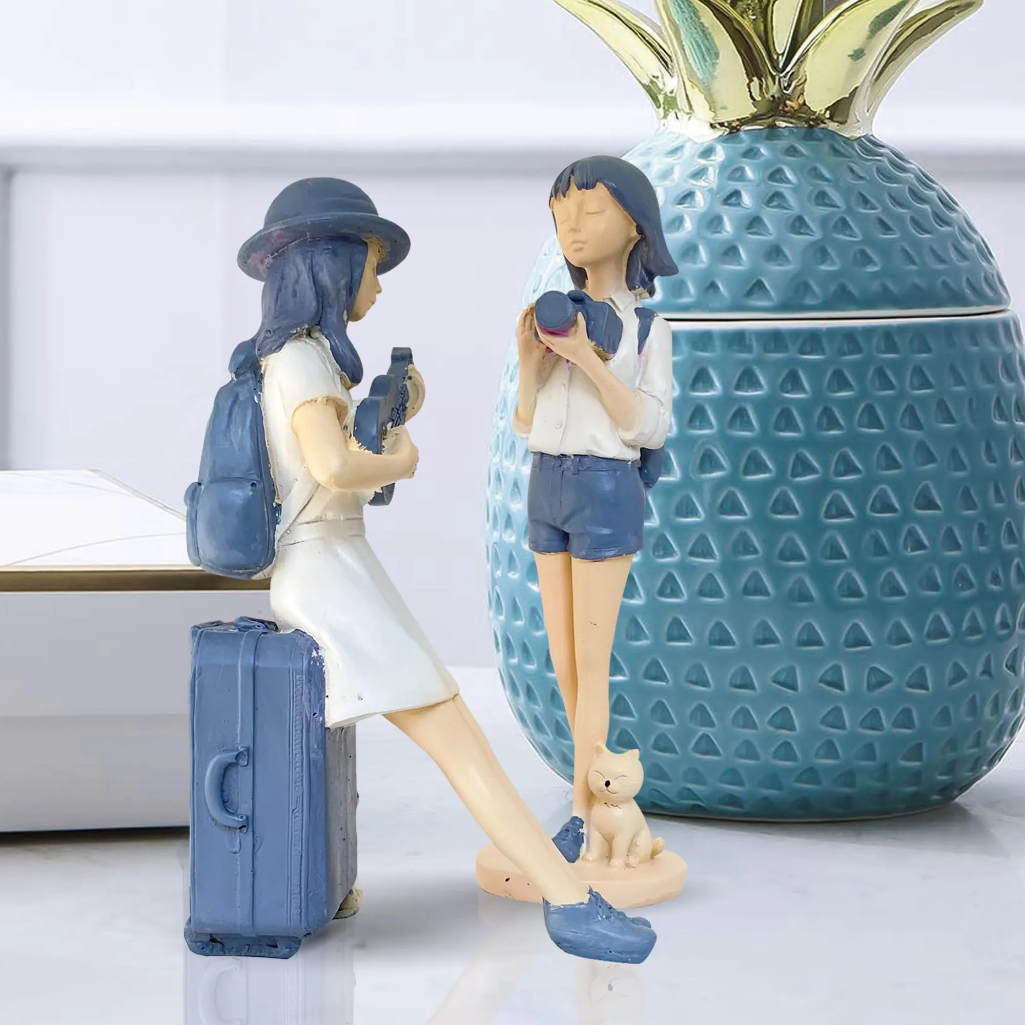 Xtore Cute and Elegant Girls Statue for Home Decor | Table Decor (Pack of 2, White & Blue)