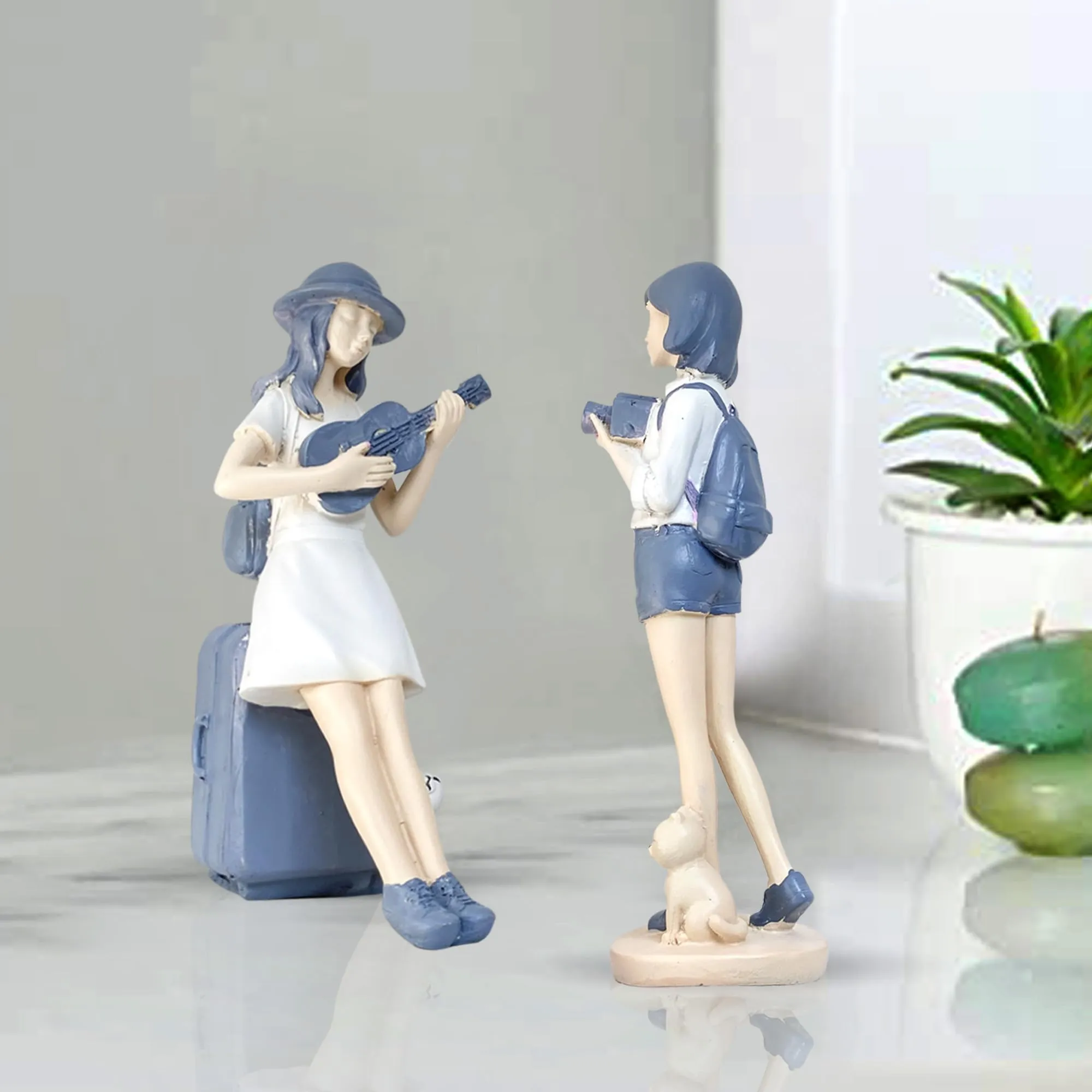 Xtore Cute and Elegant Girls Statue for Home Decor | Table Decor (Pack of 2, White & Blue)