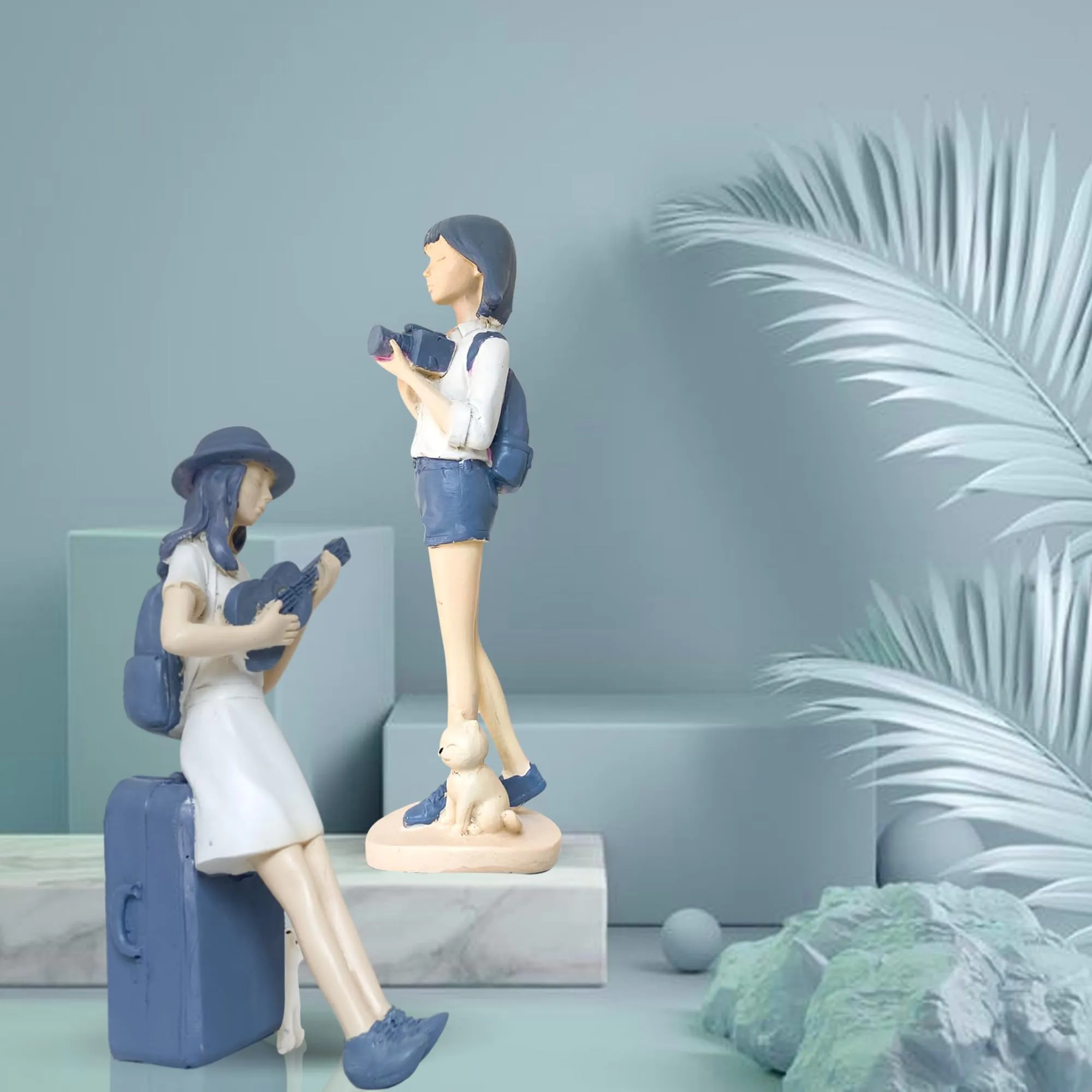 Xtore Cute and Elegant Girls Statue for Home Decor | Table Decor (Pack of 2, White & Blue)