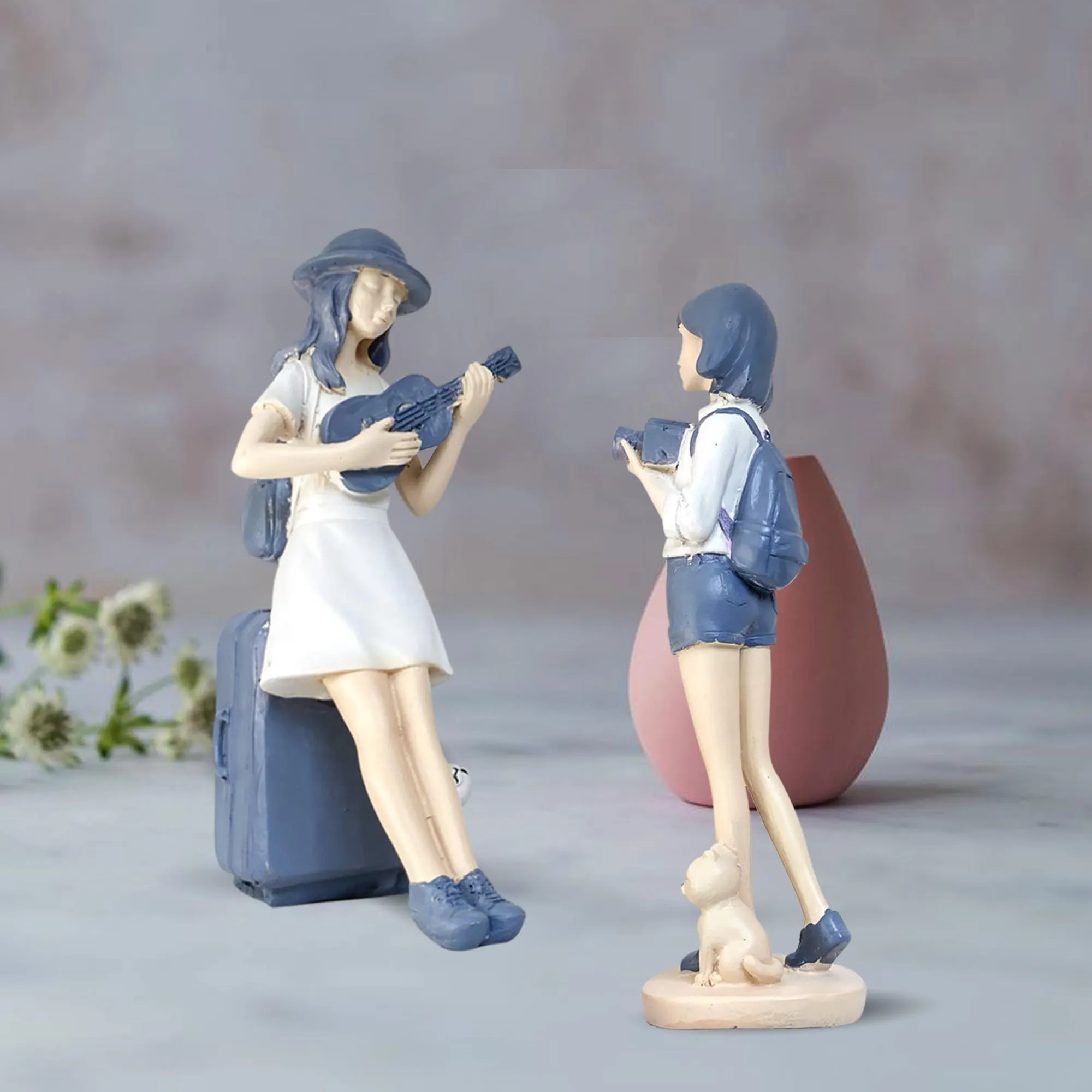 Xtore Cute and Elegant Girls Statue for Home Decor | Table Decor (Pack of 2, White & Blue)