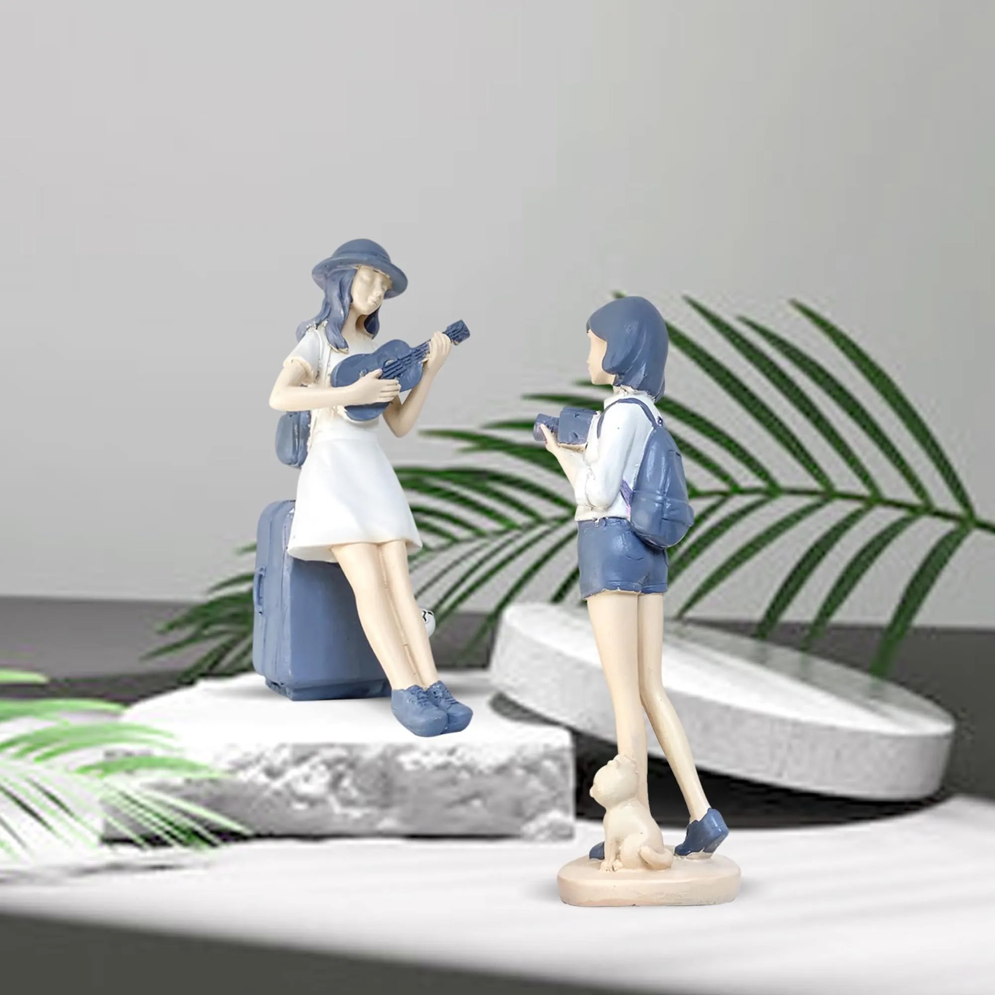 Xtore Cute and Elegant Girls Statue for Home Decor | Table Decor (Pack of 2, White & Blue)