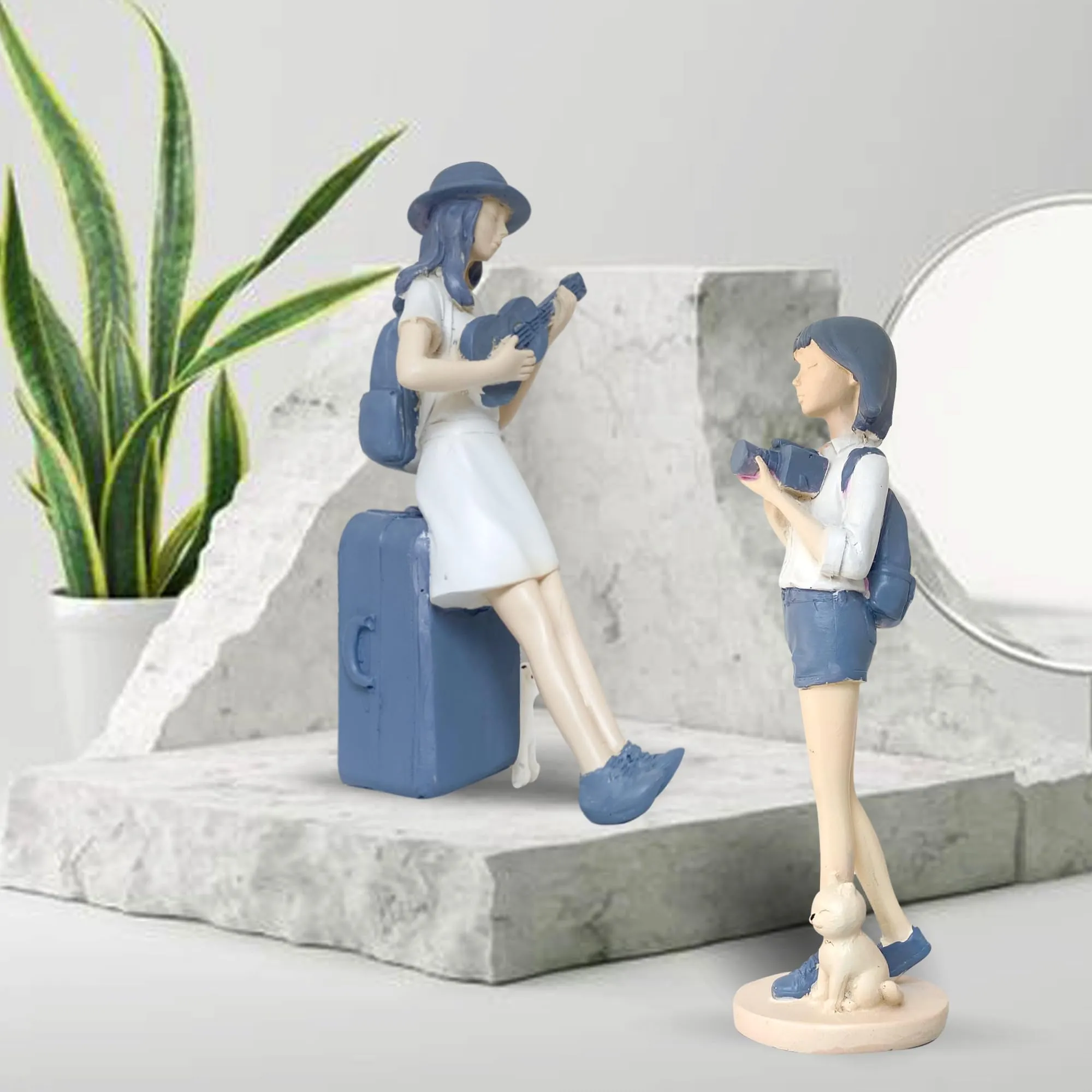 Xtore Cute and Elegant Girls Statue for Home Decor | Table Decor (Pack of 2, White & Blue)
